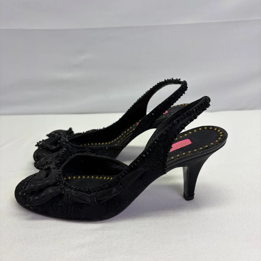 Y2K Betsey Johnson Black Lace Bow Slingback Heels 8.5M Beaded Whimsigoth Rare